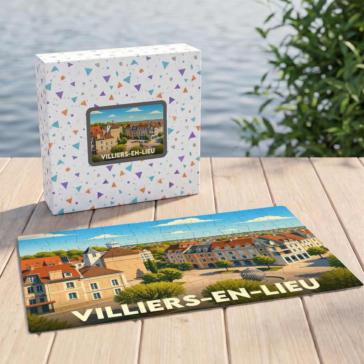 Puzzle souvenir de la ville de Villiers-en-Lieu avec une illustration stylisée et colorée.