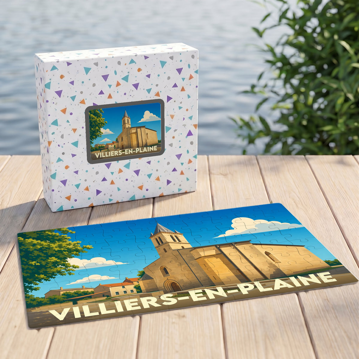 Puzzle souvenir de la ville de Villiers-en-Plaine avec une illustration stylisée de son église.