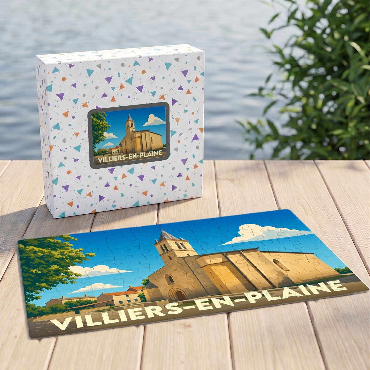 Puzzle souvenir de la ville de Villiers-en-Plaine avec une illustration stylisée de son église.