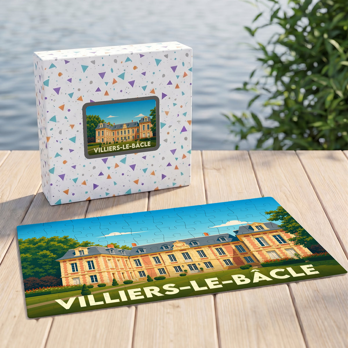 Puzzle souvenir de la ville de Villiers-le-Bâcle avec une illustration stylisée de son château.