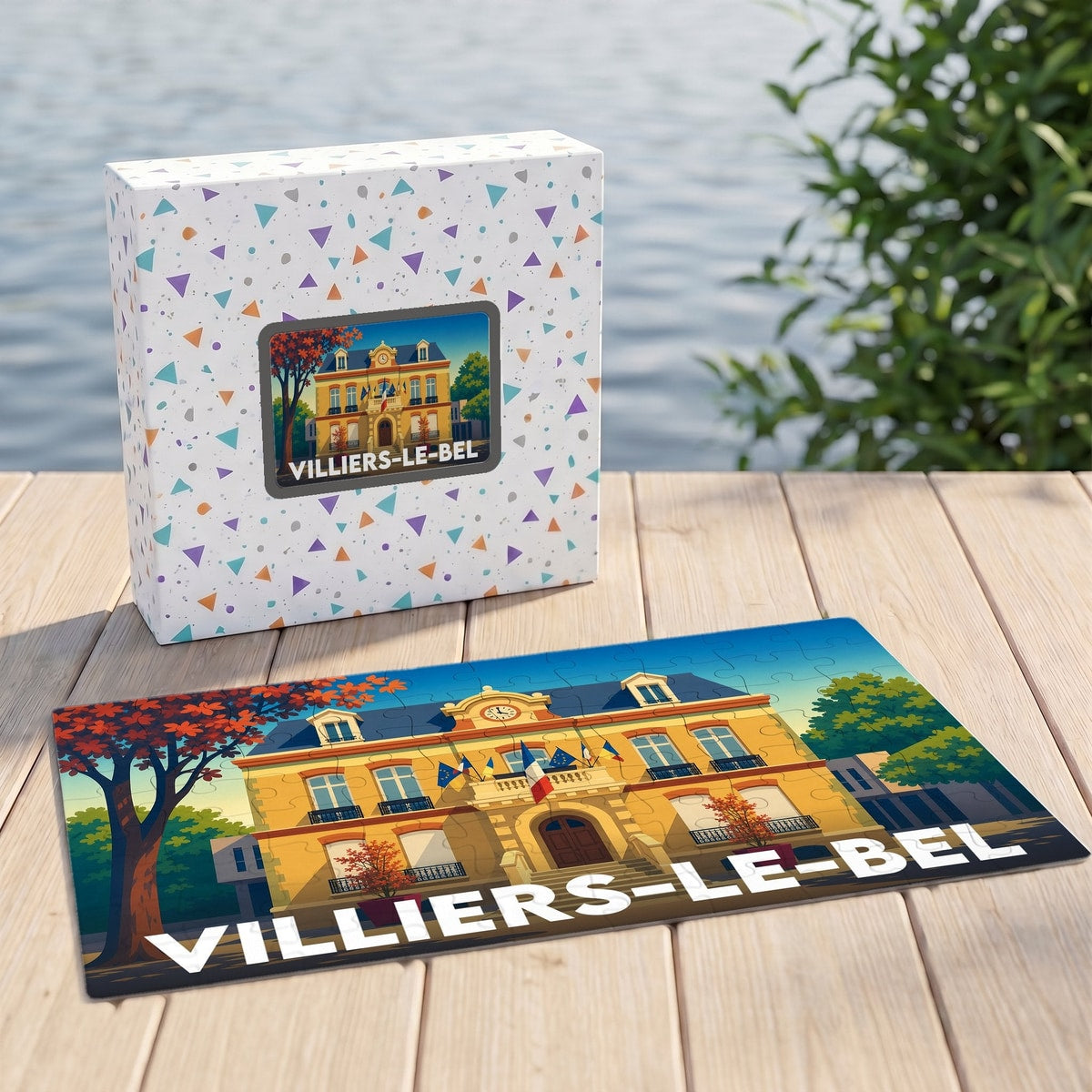 Puzzle souvenir de la ville de Villiers-le-Bel avec une illustration stylisée de son hôtel de ville.