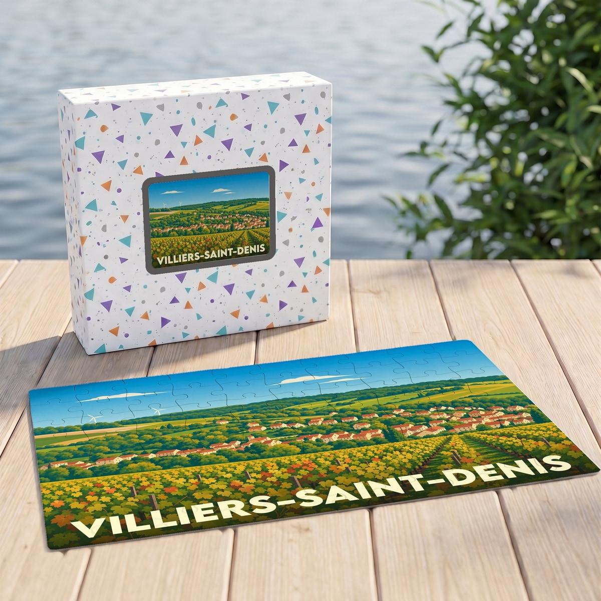 Puzzle souvenir de la ville de Villiers-Saint-Denis illustrant un paysage de vignobles et de village.