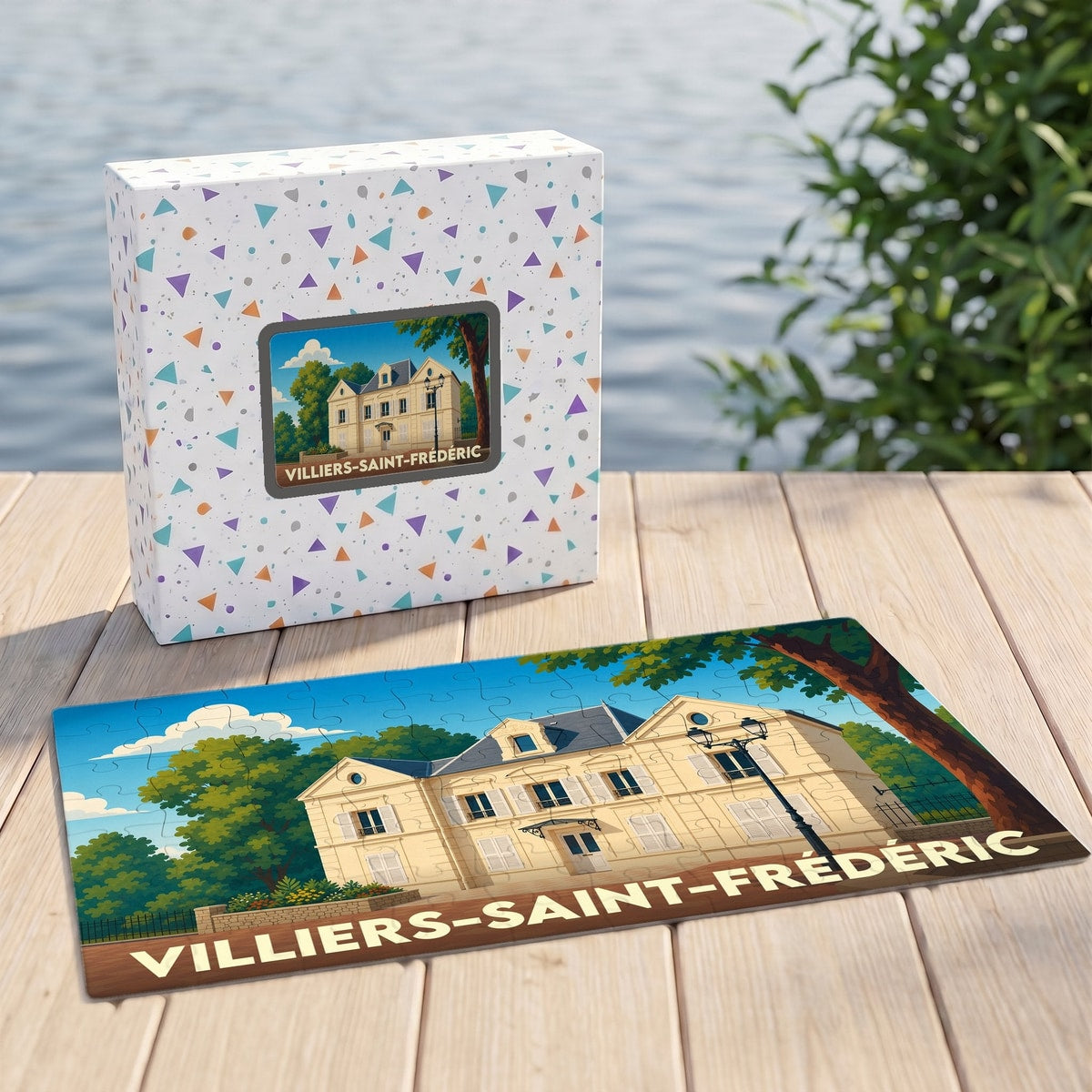 Puzzle souvenir de la ville de Villiers-Saint-Frédéric avec une illustration stylisée d'une demeure bourgeoise.