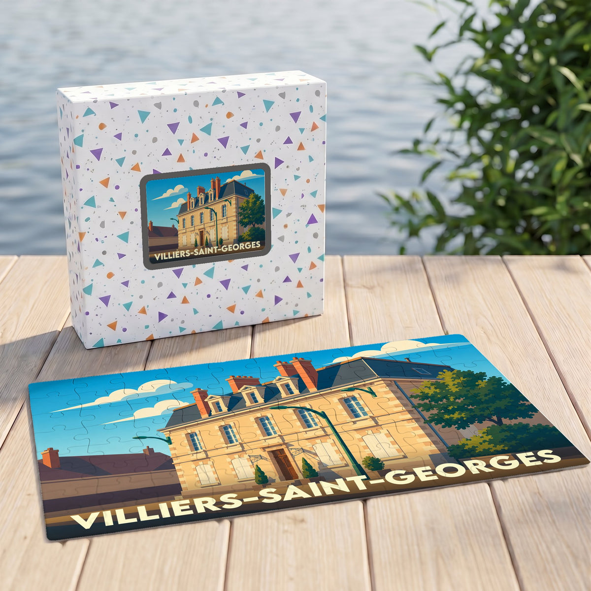 Puzzle souvenir de la ville de Villiers-Saint-Georges avec une illustration stylisée d'un bâtiment historique.
