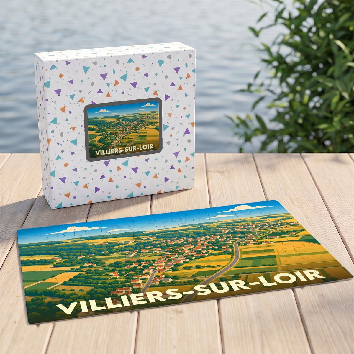 Puzzle souvenir de la ville de Villiers-sur-Loir avec une illustration stylisée et colorée du paysage.