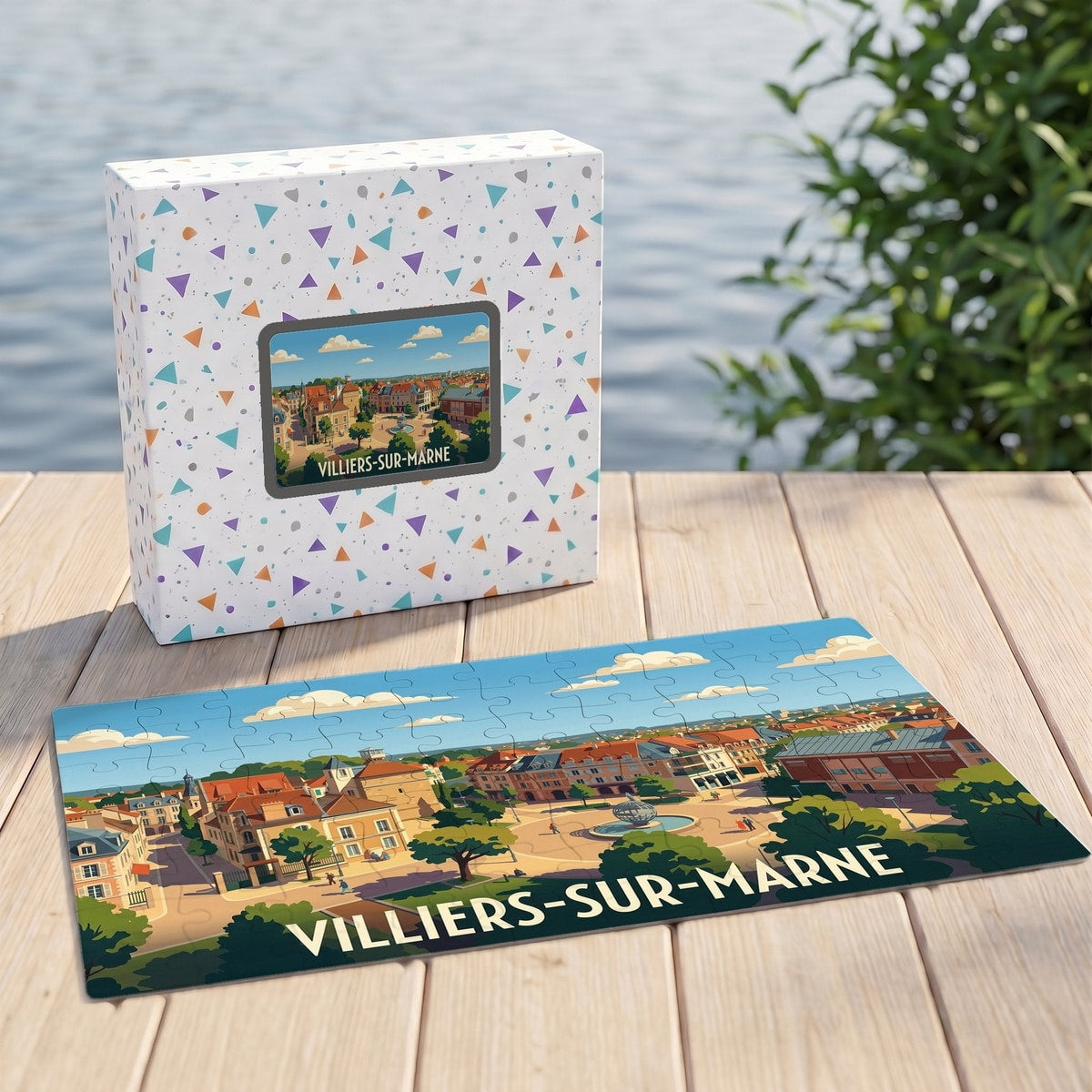 Puzzle souvenir de la ville de Villiers-sur-Marne illustrant une place ensoleillée dans un style graphique coloré.