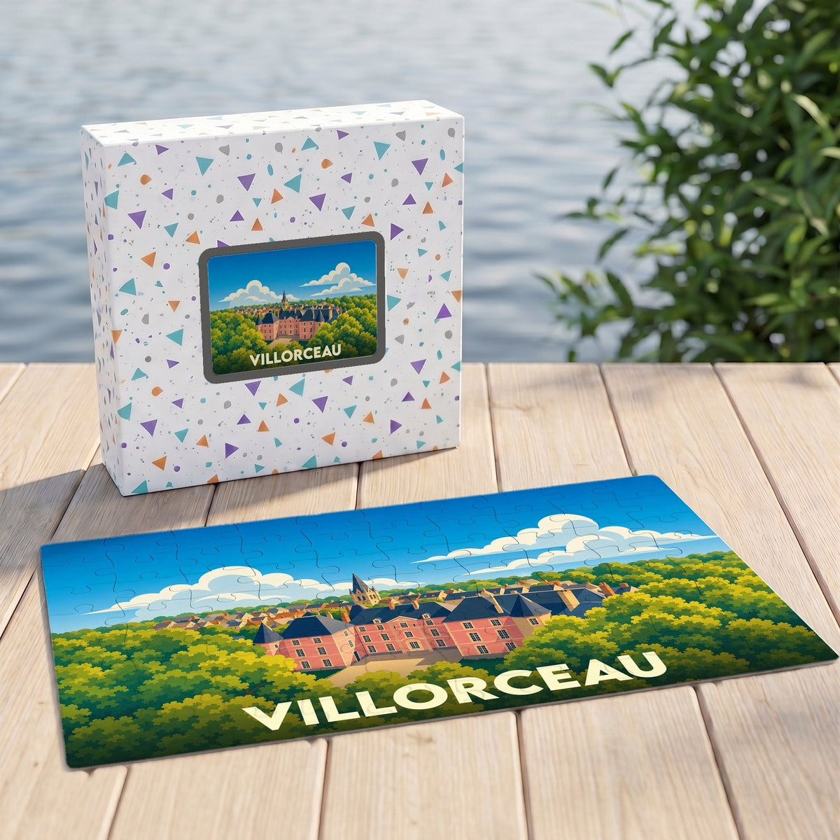 Puzzle souvenir de la ville de Villorceau avec une illustration stylisée d'un château entouré de verdure.