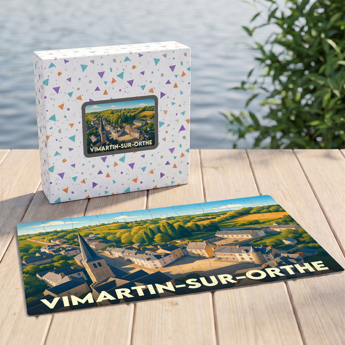 Puzzle souvenir de la ville de Vimartin-sur-Orthe avec une illustration stylisée d'un paysage urbain.