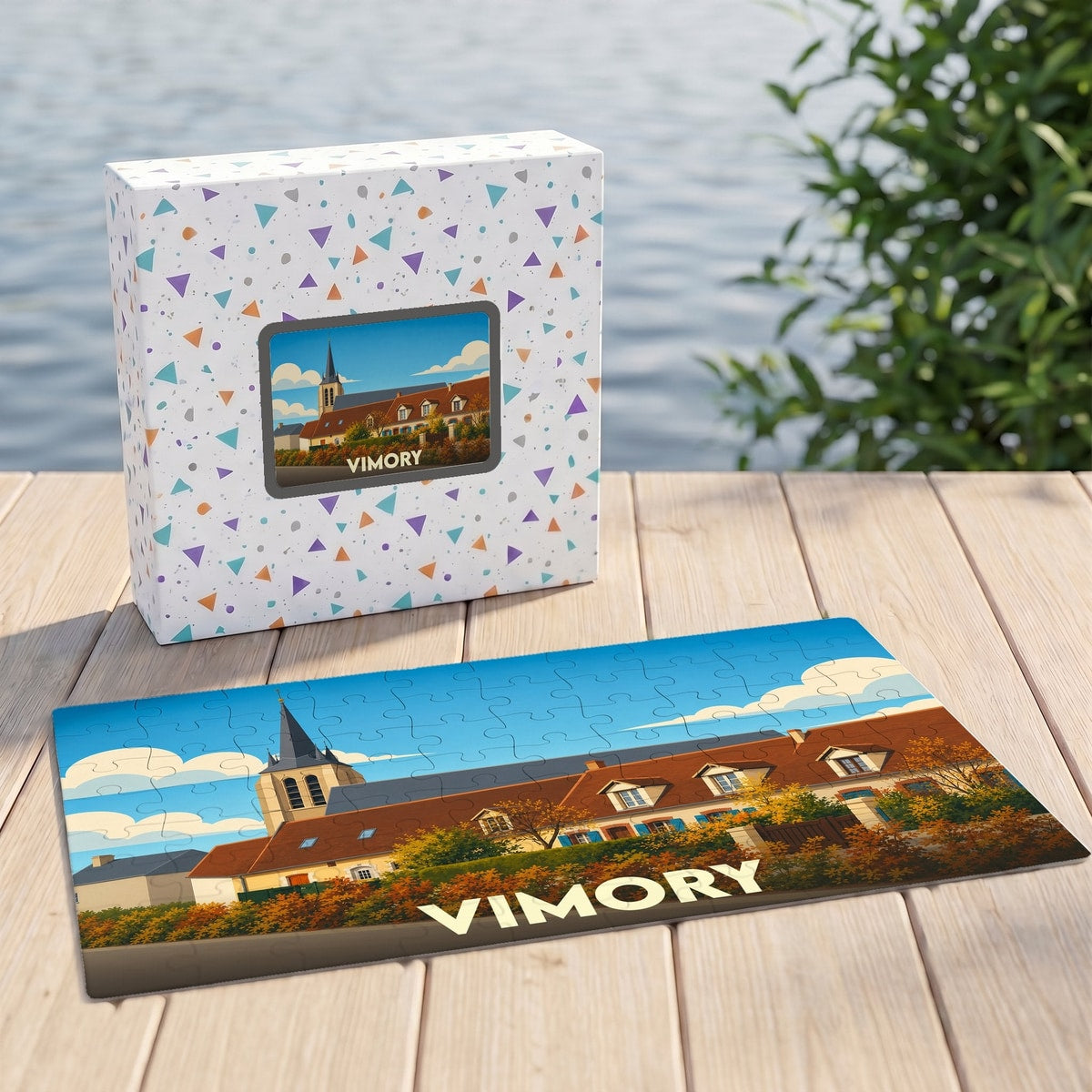 Puzzle souvenir de la ville de Vimory avec une illustration stylisée de son église et de ses maisons.