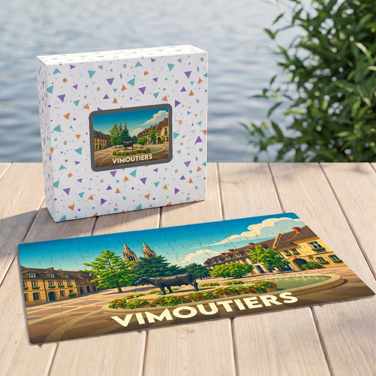 Puzzle souvenir de la ville de Vimoutiers avec une illustration stylisée de sa place centrale.