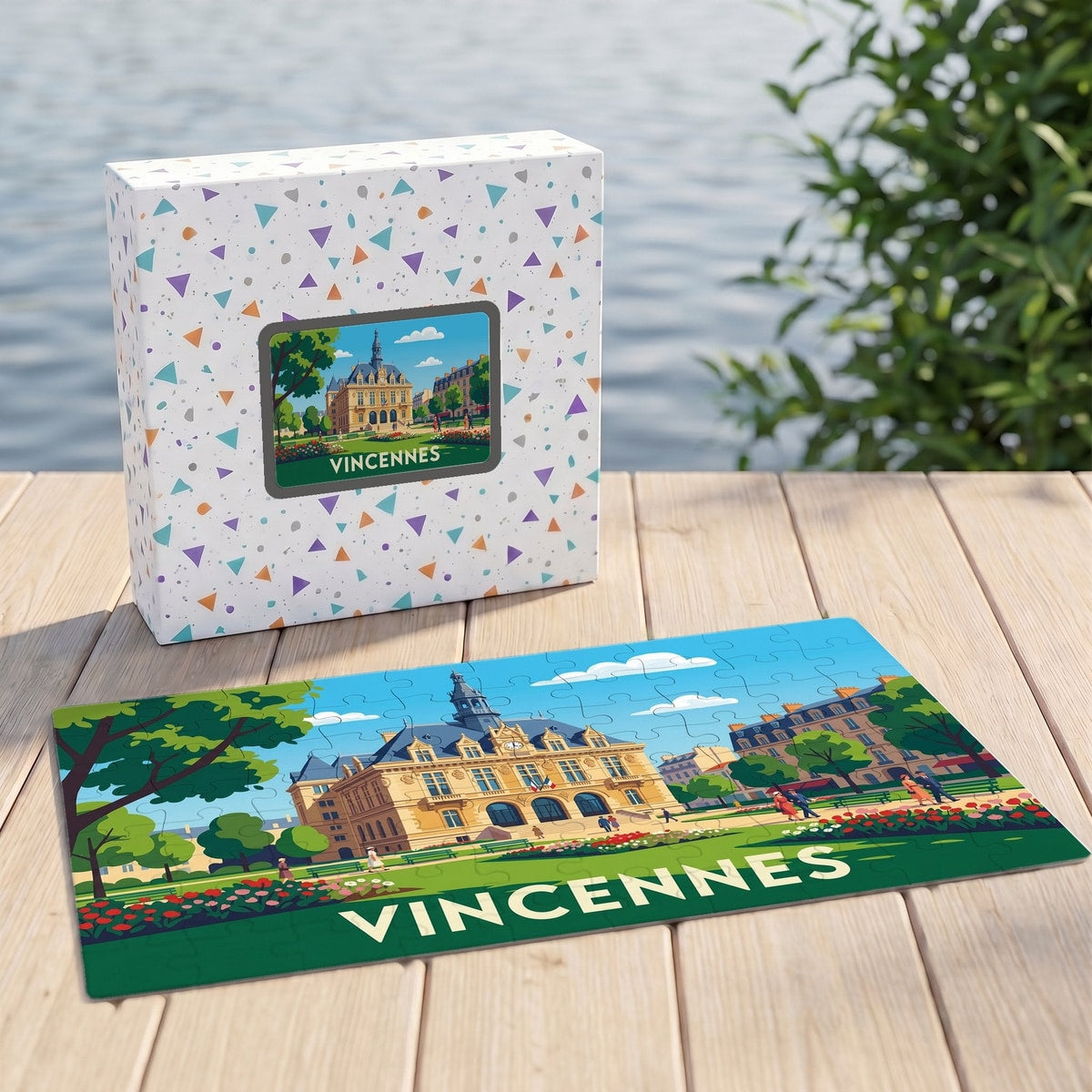 Puzzle souvenir de la ville de Vincennes avec une illustration stylisée de son hôtel de ville.