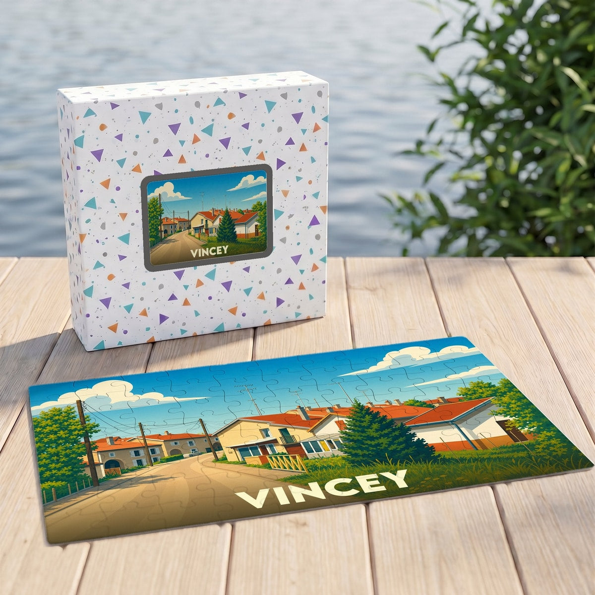 Puzzle souvenir de la ville de Vincey avec une illustration stylisée de ses paysages et habitations.
