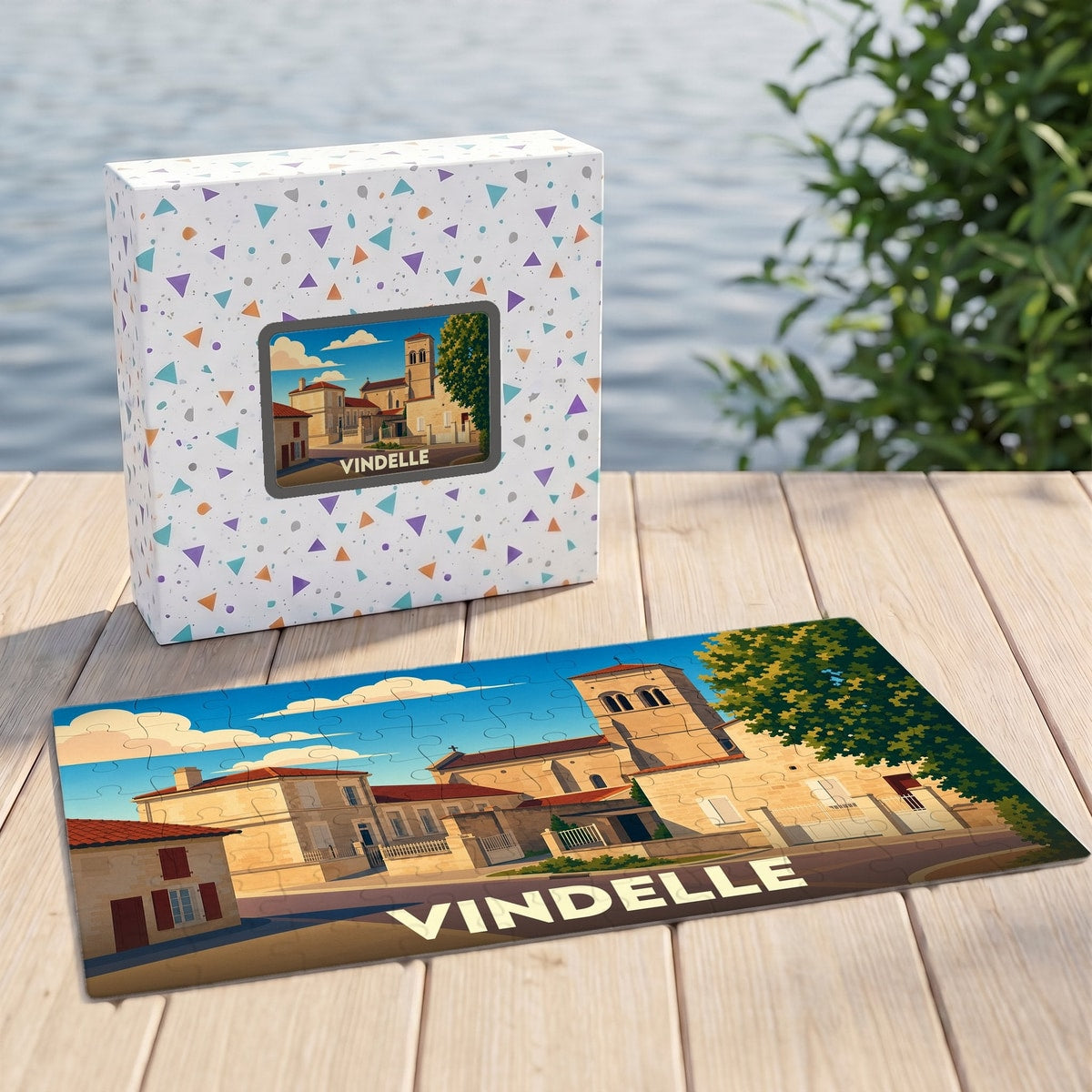 Puzzle souvenir de la ville de Vindelle avec une illustration stylisée et colorée.