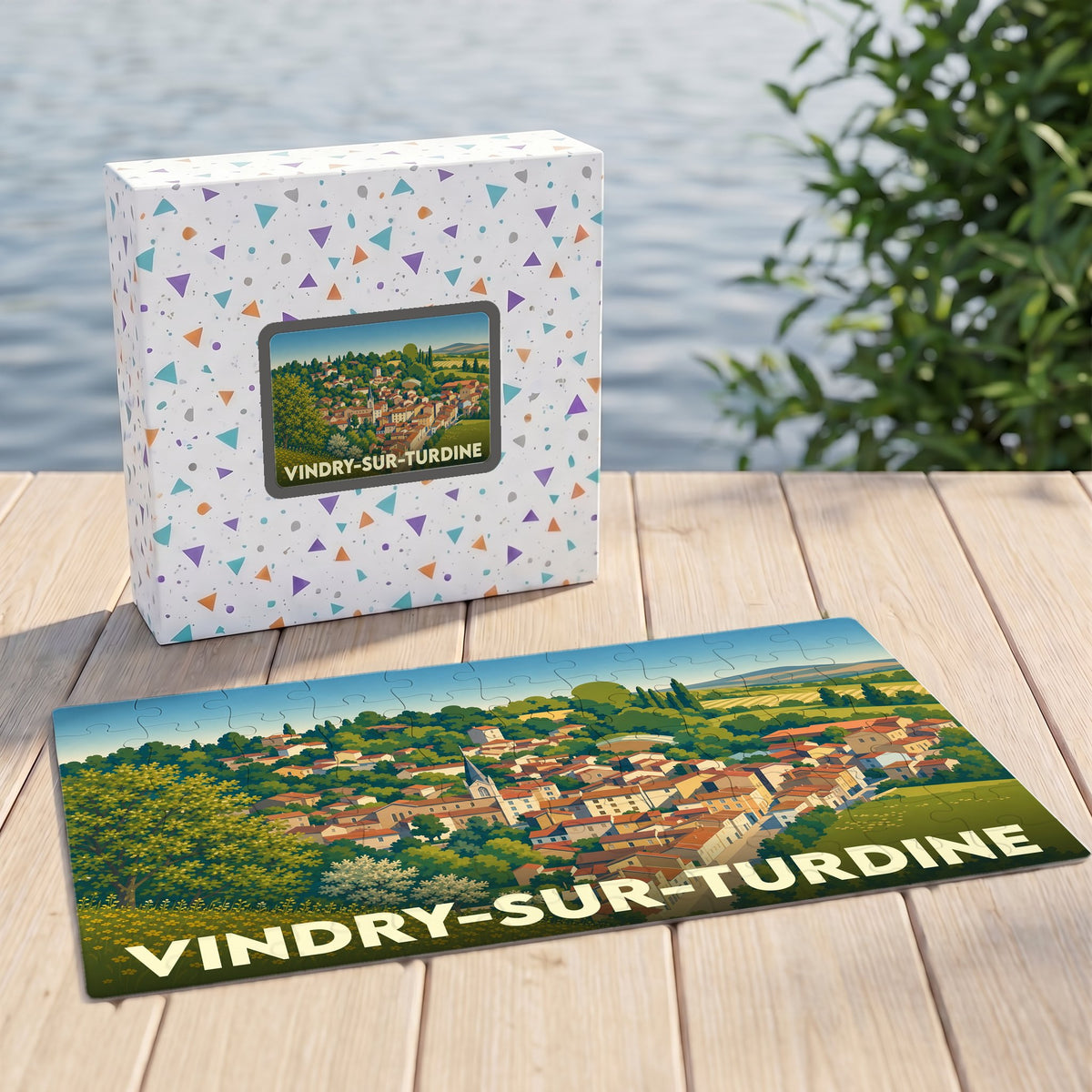 Puzzle souvenir de la ville de Vindry-sur-Turdine avec une illustration stylisée d'un paysage urbain.