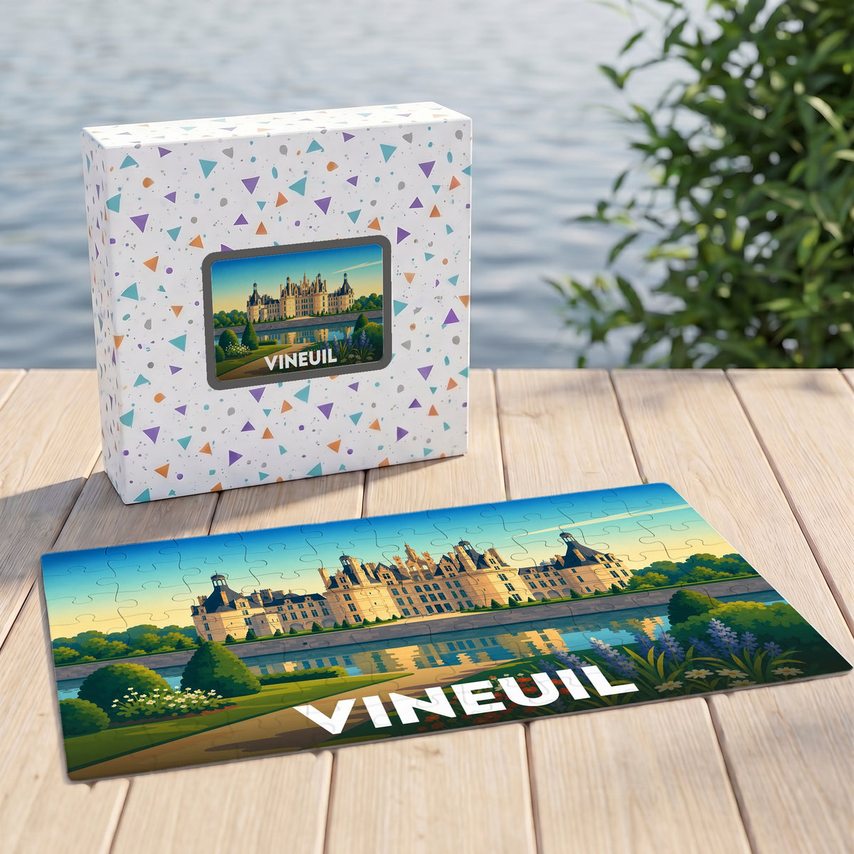Puzzle souvenir de la ville de Vineuil avec une illustration stylisée d'un château au bord de l'eau.