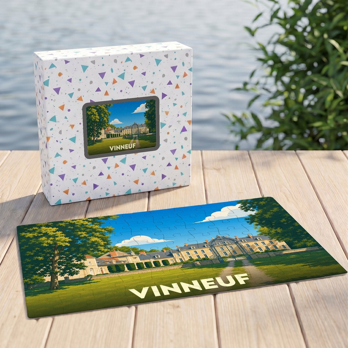Puzzle souvenir de la ville de Vinneuf avec une illustration stylisée d'un château.