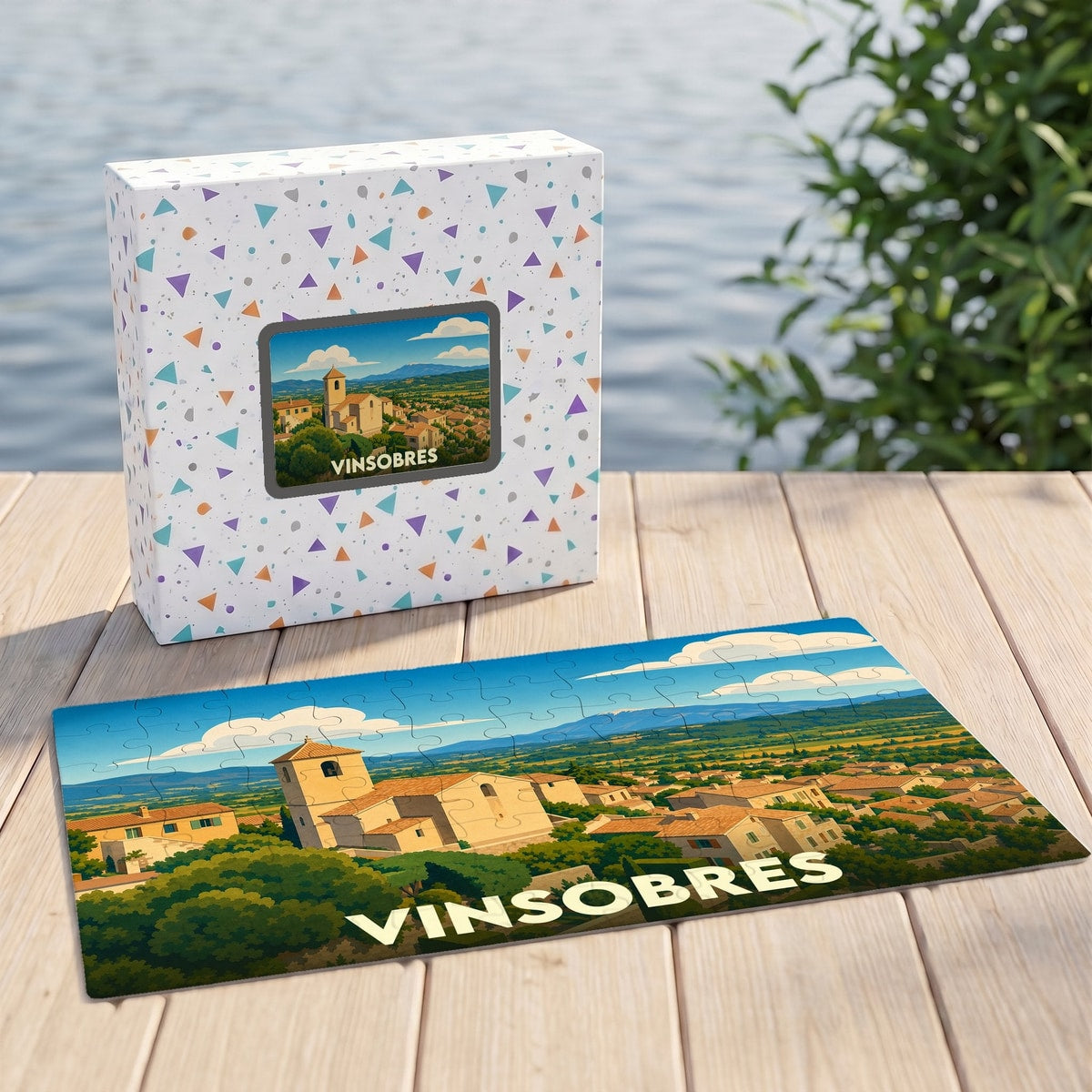 Puzzle souvenir de la ville de Vinsobres avec une illustration paysagère stylisée.