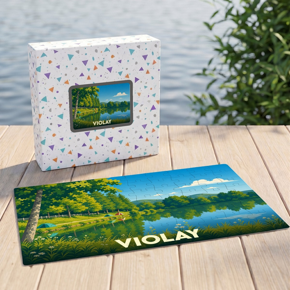 Puzzle souvenir de la ville de Violay avec une illustration paysagère stylisée.