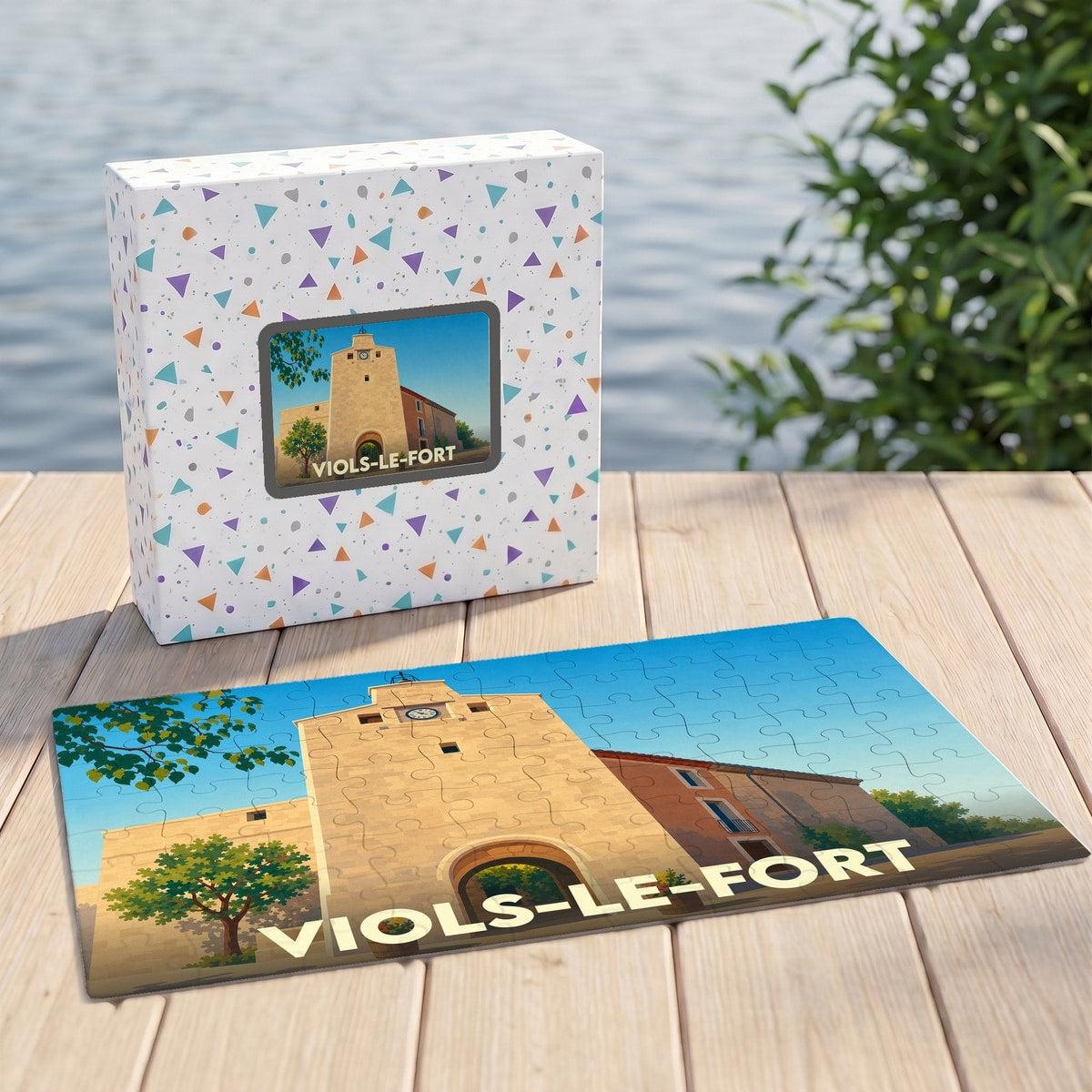 Puzzle souvenir de la commune de Viols-le-Fort avec une illustration stylisée de son architecture emblématique.
