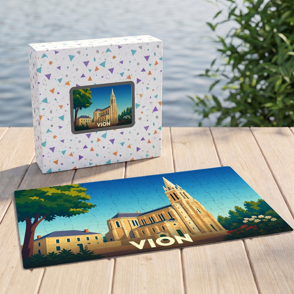 Puzzle souvenir de la ville de Vion avec une illustration stylisée d'un monument historique.
