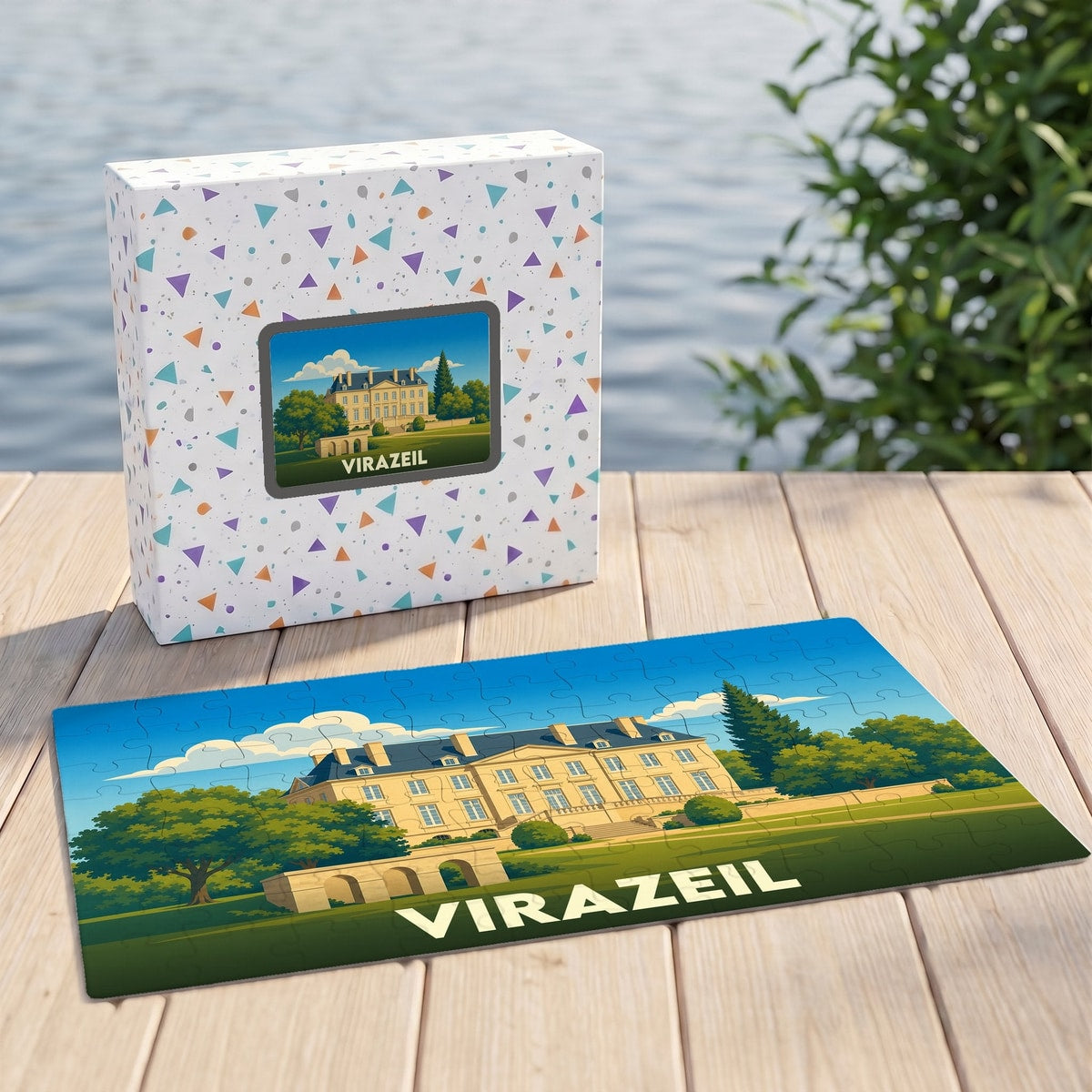 Puzzle souvenir de la ville de Virazeil avec une illustration stylisée d'un château.