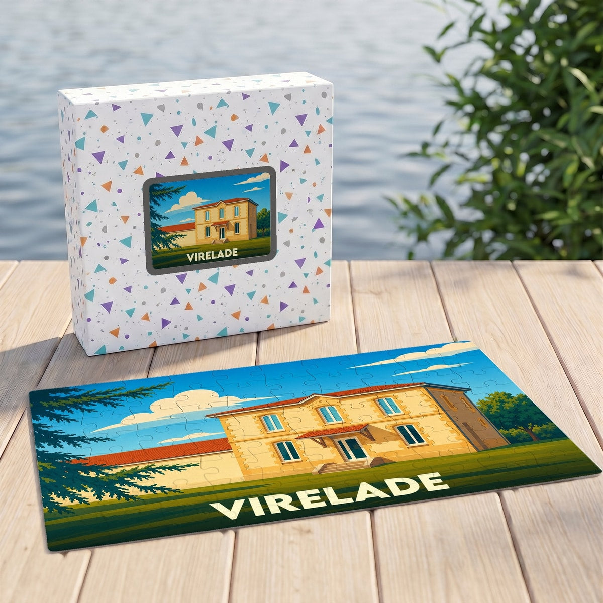 Puzzle souvenir de la ville de Virelade avec une illustration stylisée de son architecture.