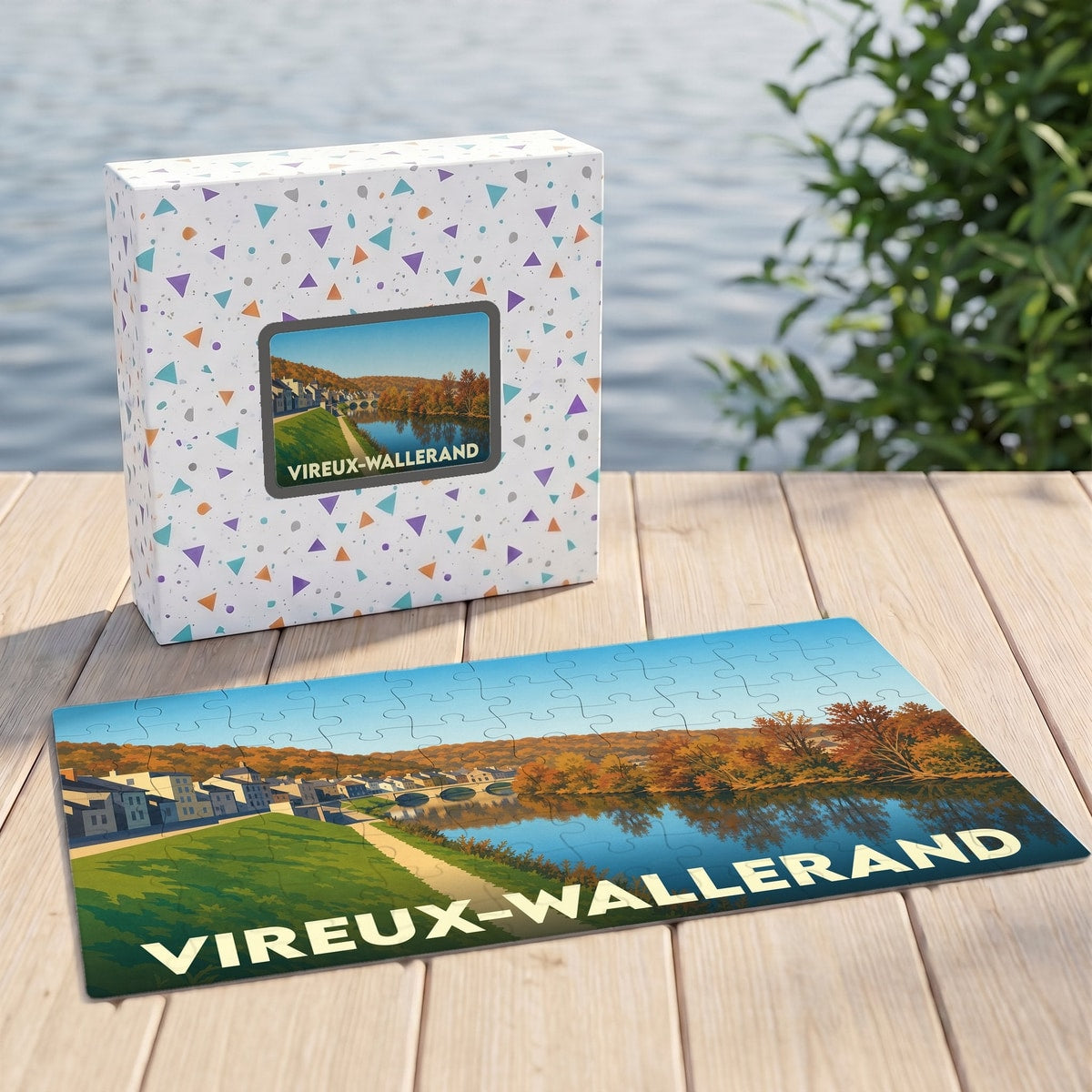 Puzzle souvenir de la ville de Vireux-Wallerand avec une illustration de paysage automnal au bord de l'eau.