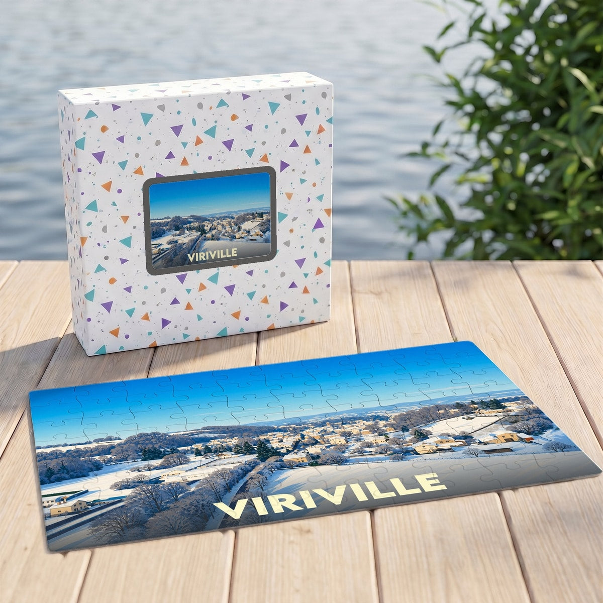Puzzle souvenir de la ville de Viriville illustré par un paysage enneigé.