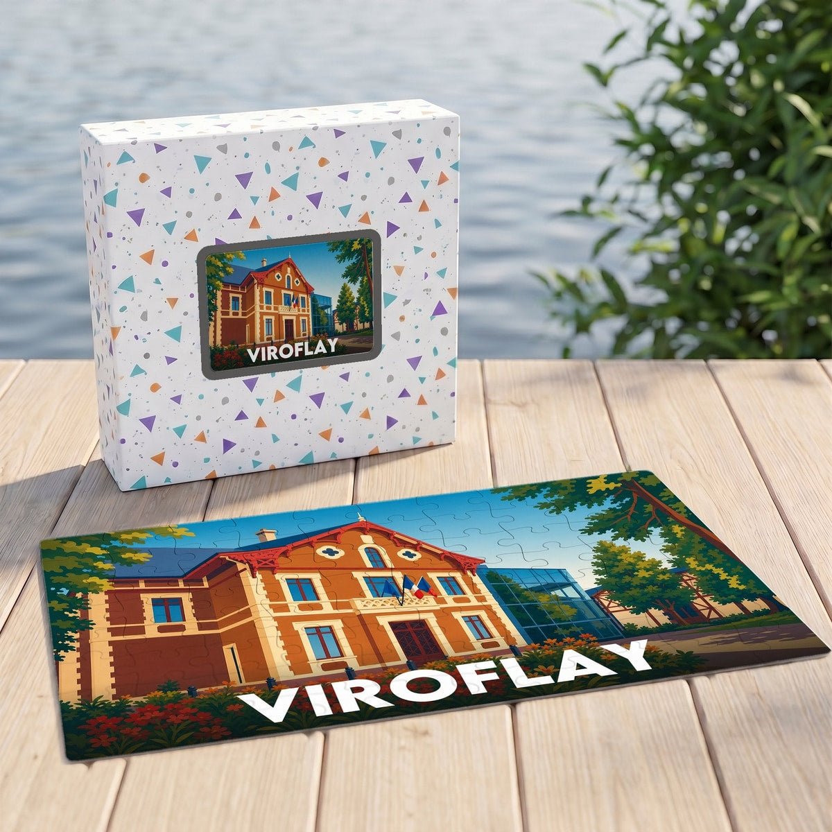 Puzzle souvenir de la ville de Viroflay avec une illustration colorée de son architecture.
