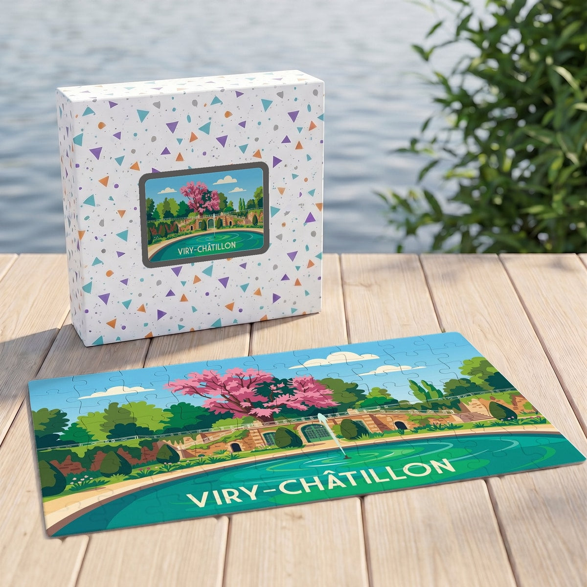 Puzzle souvenir de la ville de Viry-Châtillon avec une illustration colorée d'un parc paysager.