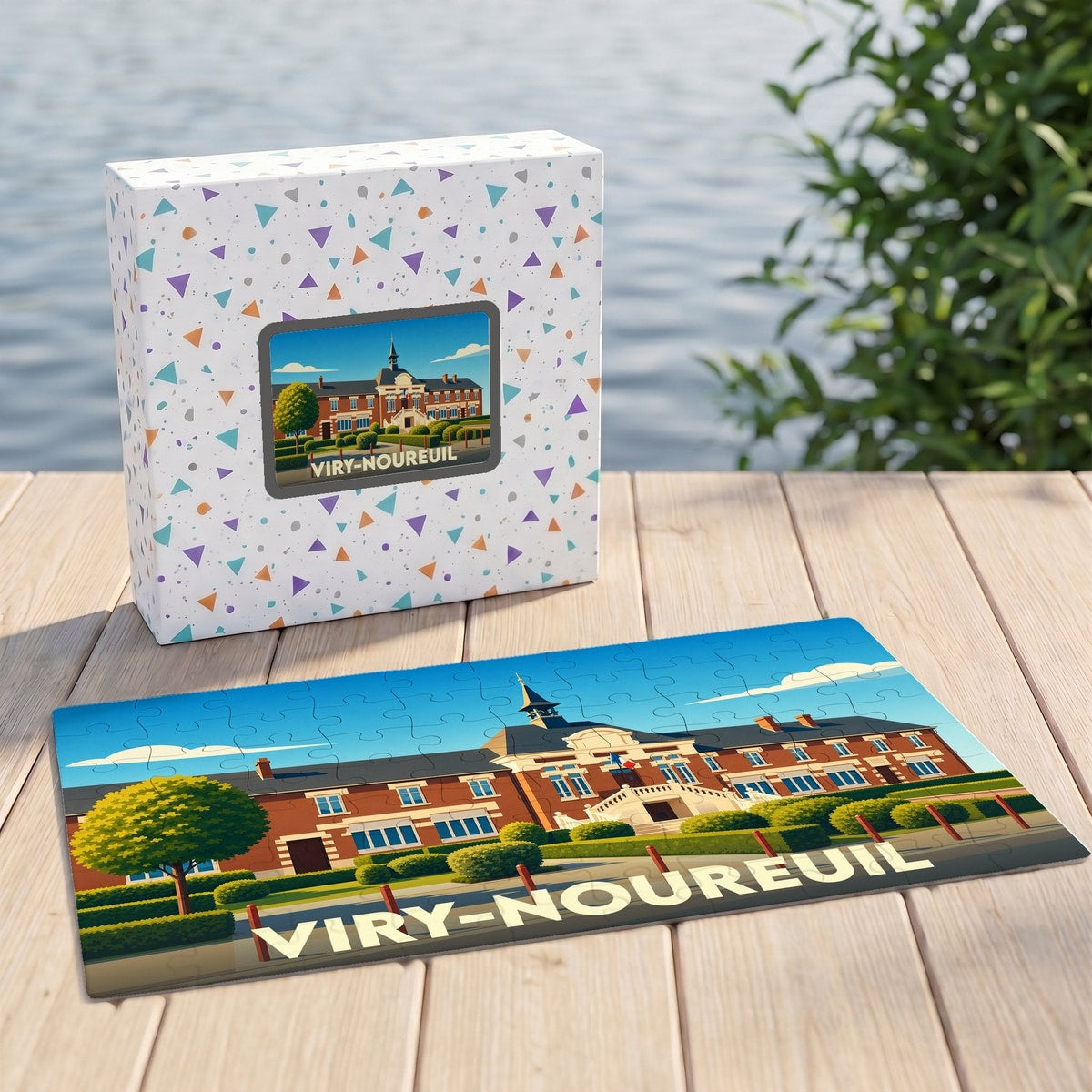 Puzzle souvenir de la ville de Viry-Noureuil avec une illustration stylisée.