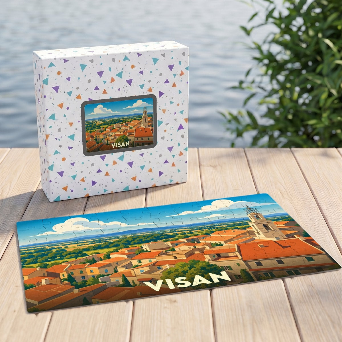Puzzle souvenir de la ville de Visan avec une illustration colorée et stylisée de ses toits provençaux.