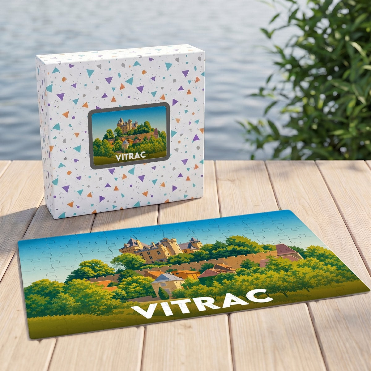 Puzzle souvenir de la ville de Vitrac illustrant un château entouré de verdure.