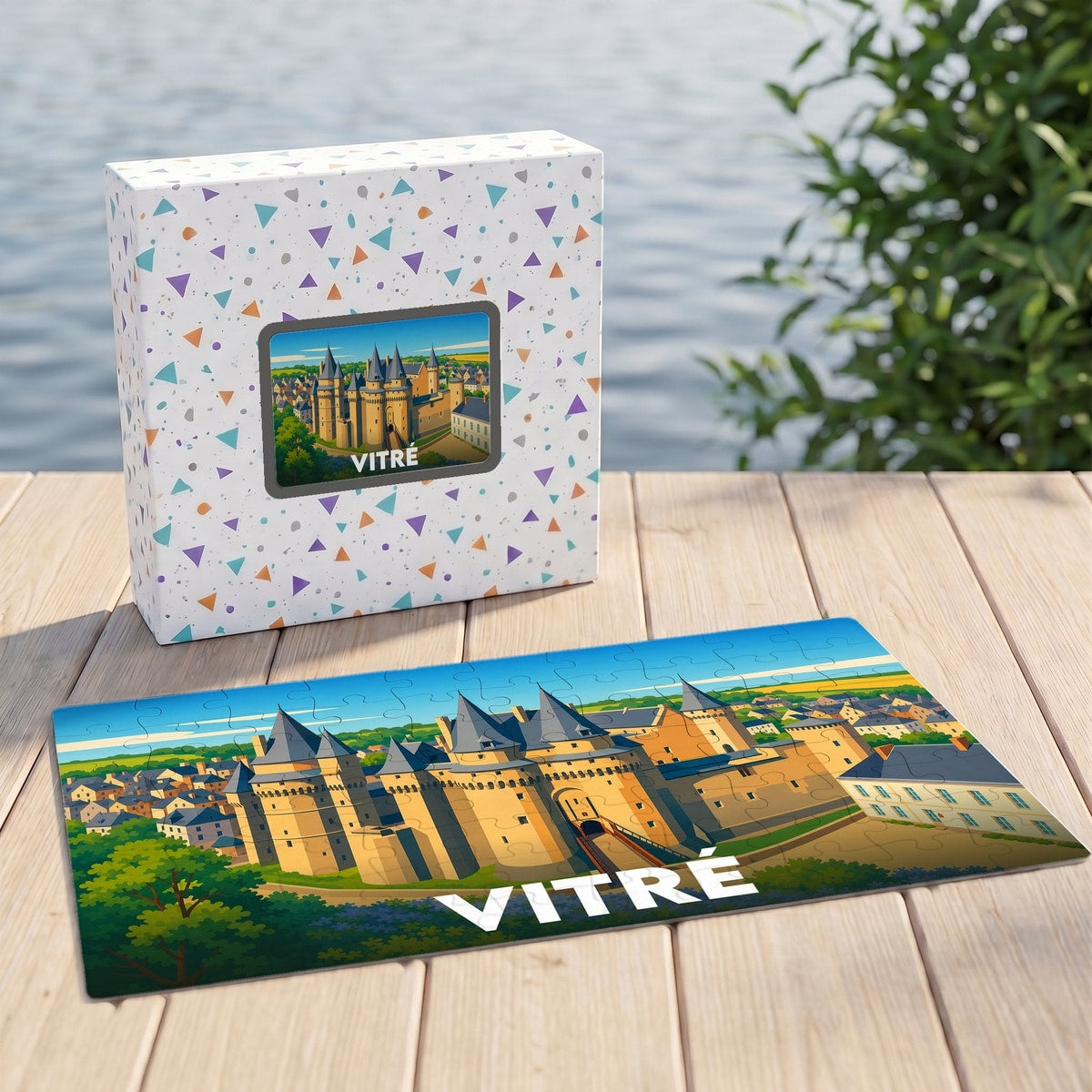 Puzzle souvenir de la ville de Vitré avec une illustration stylisée de son château médiéval.