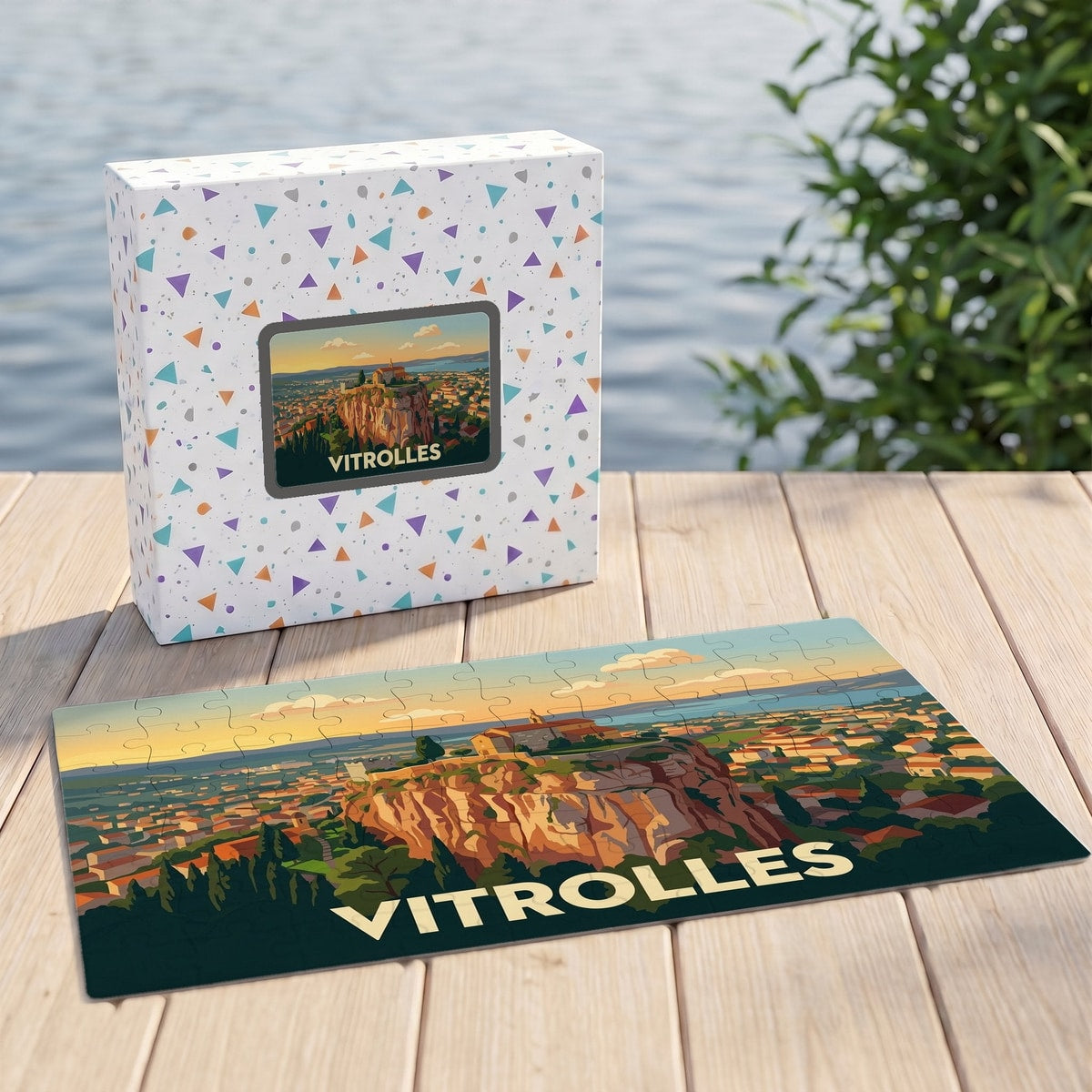 Puzzle souvenir de la ville de Vitrolles avec une illustration stylisée de son rocher.