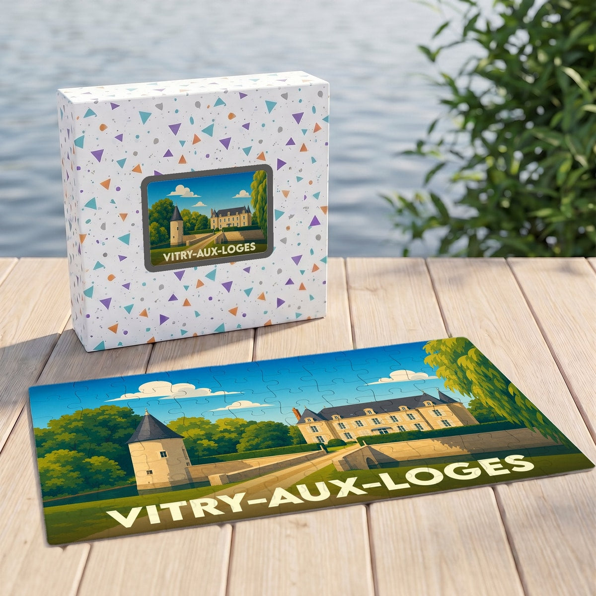 Puzzle souvenir de la ville de Vitry-aux-Loges avec une illustration stylisée de son patrimoine.