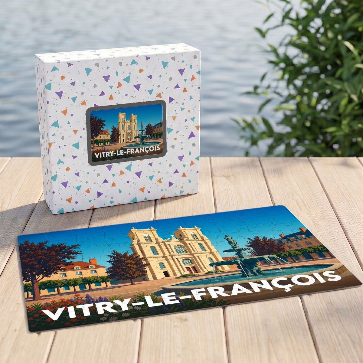Puzzle souvenir de la ville de Vitry-le-François avec une illustration stylisée de sa place centrale.