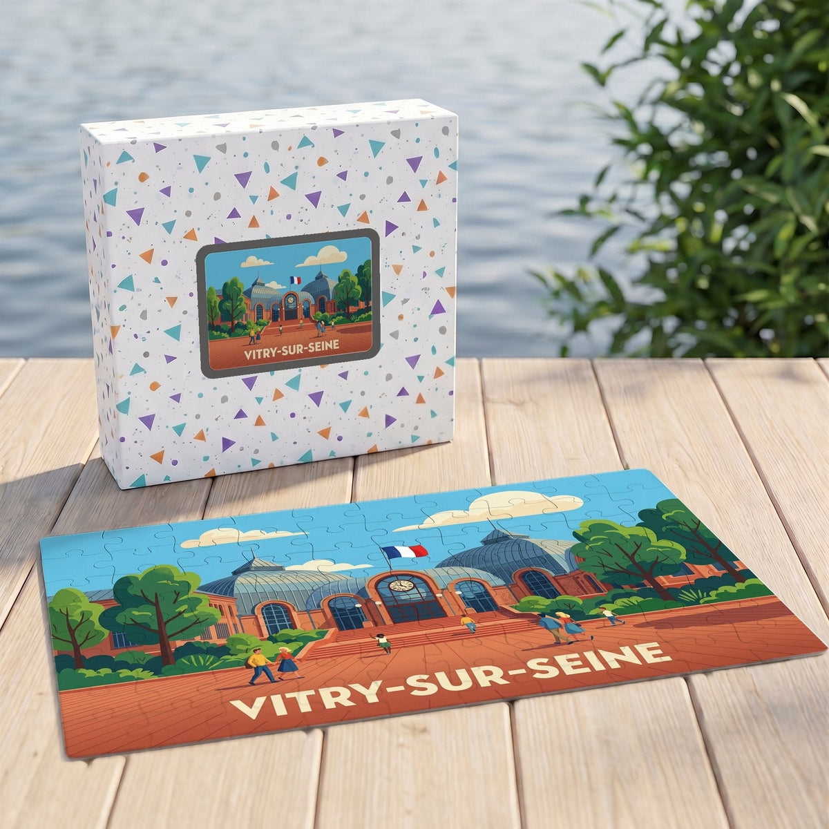 Puzzle souvenir de la ville de Vitry-sur-Seine avec son coffret et une illustration stylisée d'un bâtiment emblématique.