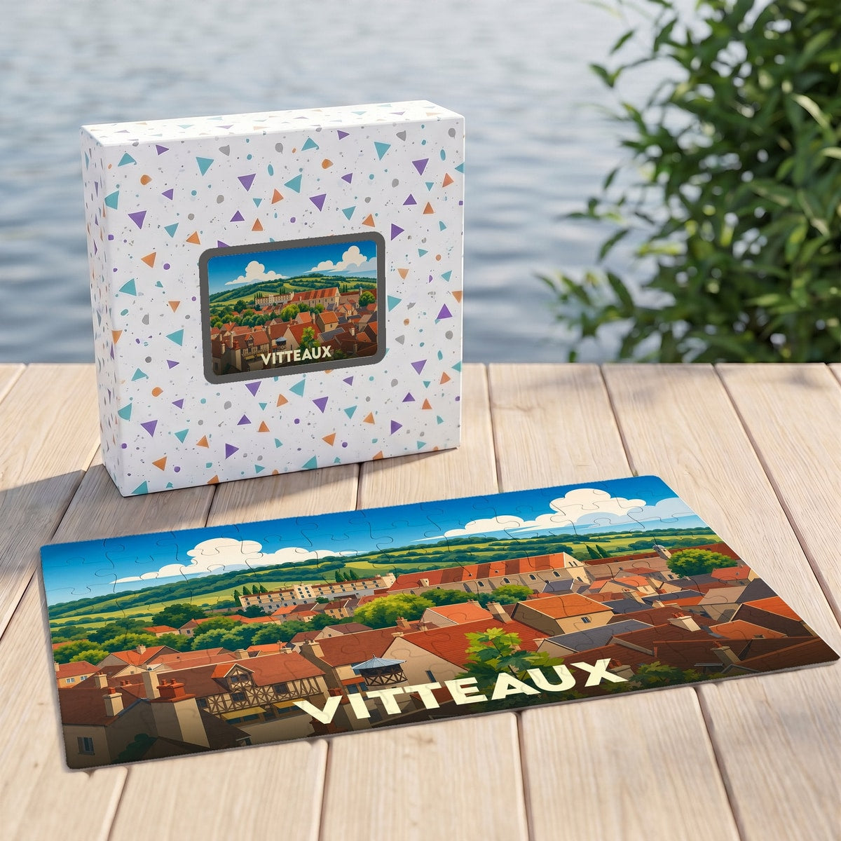 Puzzle souvenir de la ville de Vitteaux présentant une vue panoramique illustrée et sa boîte assortie.