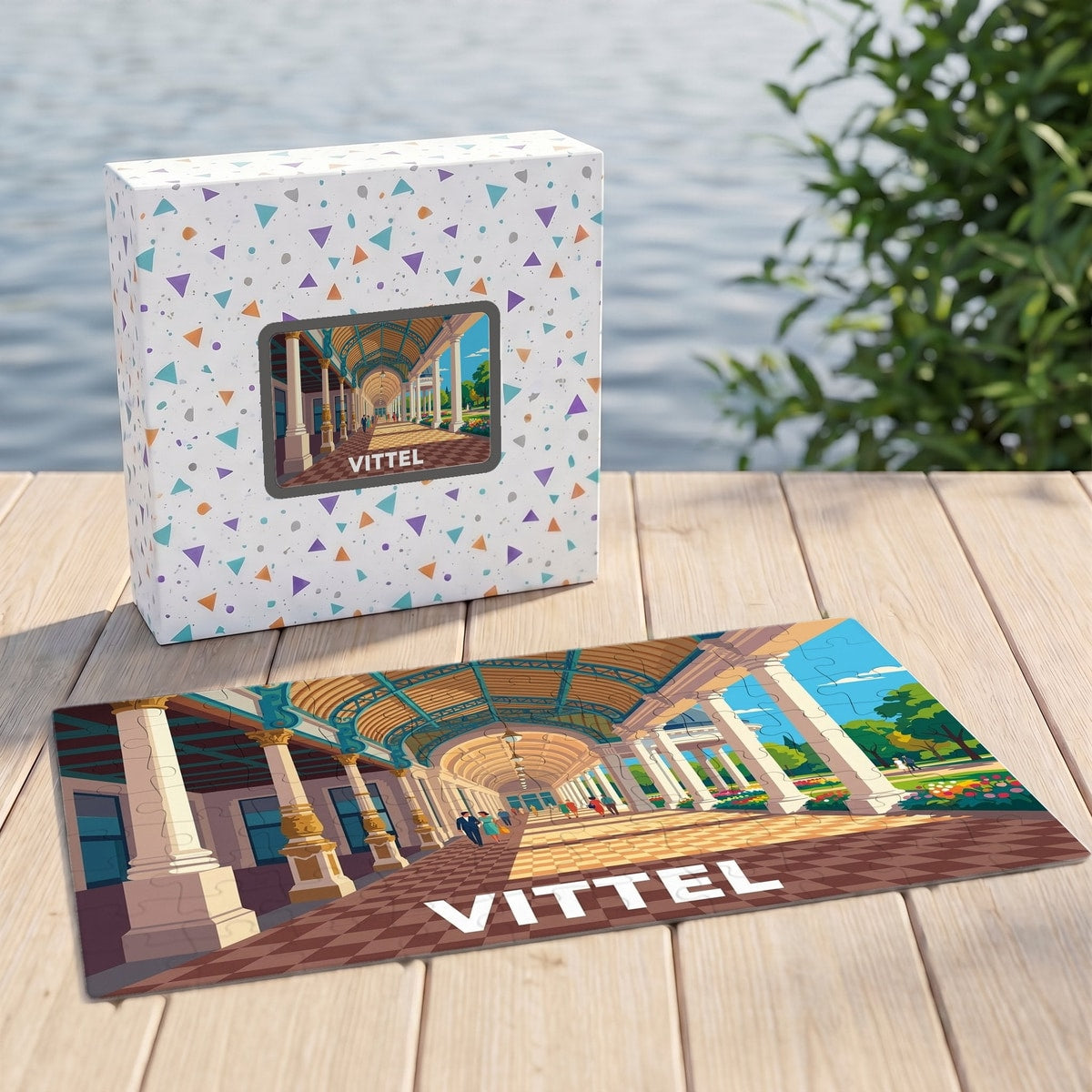 Puzzle souvenir de la ville de Vittel avec une illustration stylisée de sa célèbre galerie thermale.