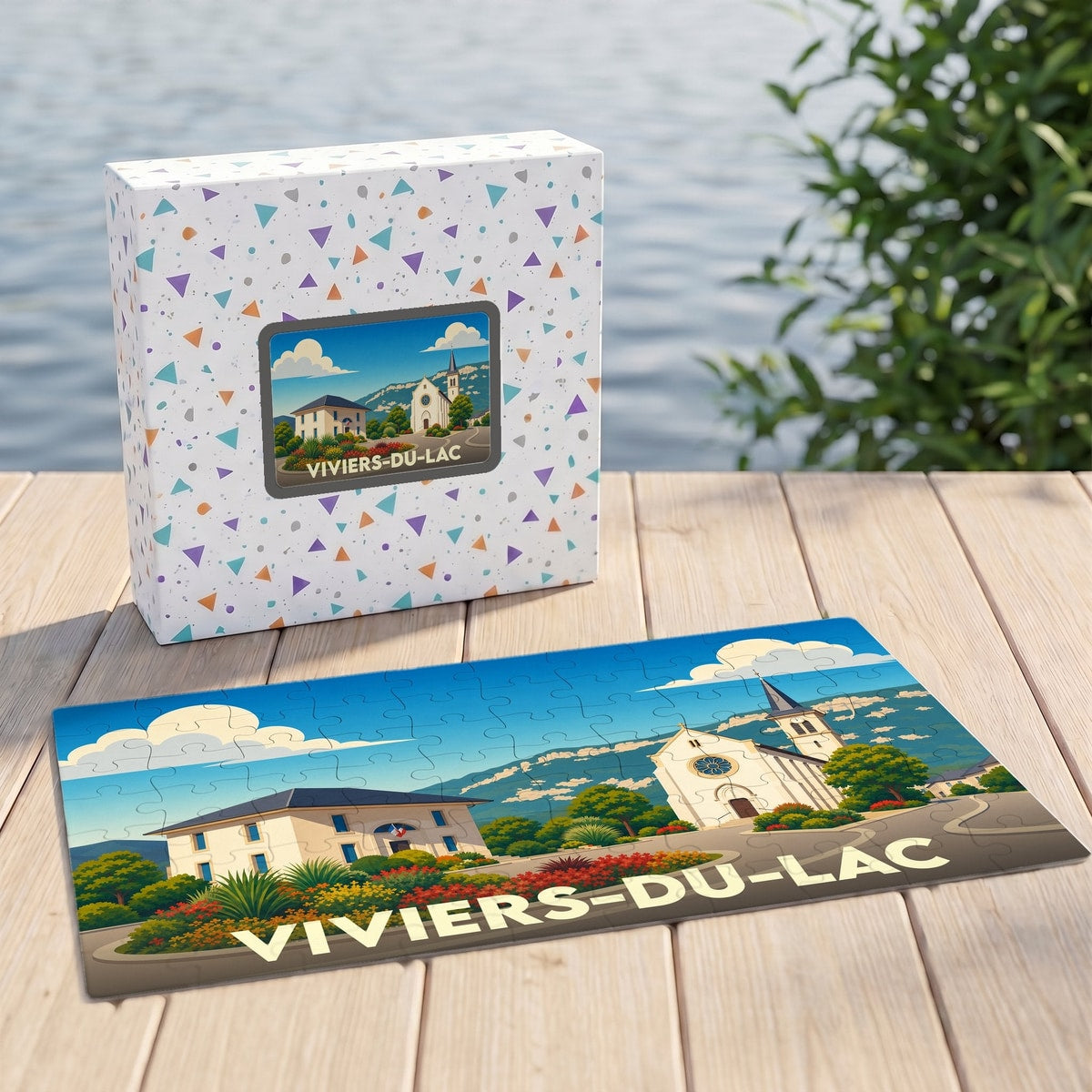 Puzzle souvenir de la ville de Viviers-du-Lac avec une illustration stylisée et colorée.