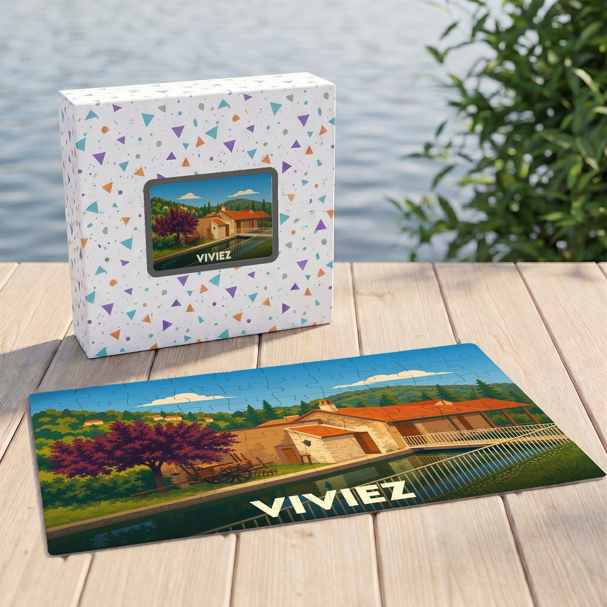 Puzzle souvenir de la ville de Viviez avec une illustration stylisée d'un paysage local.