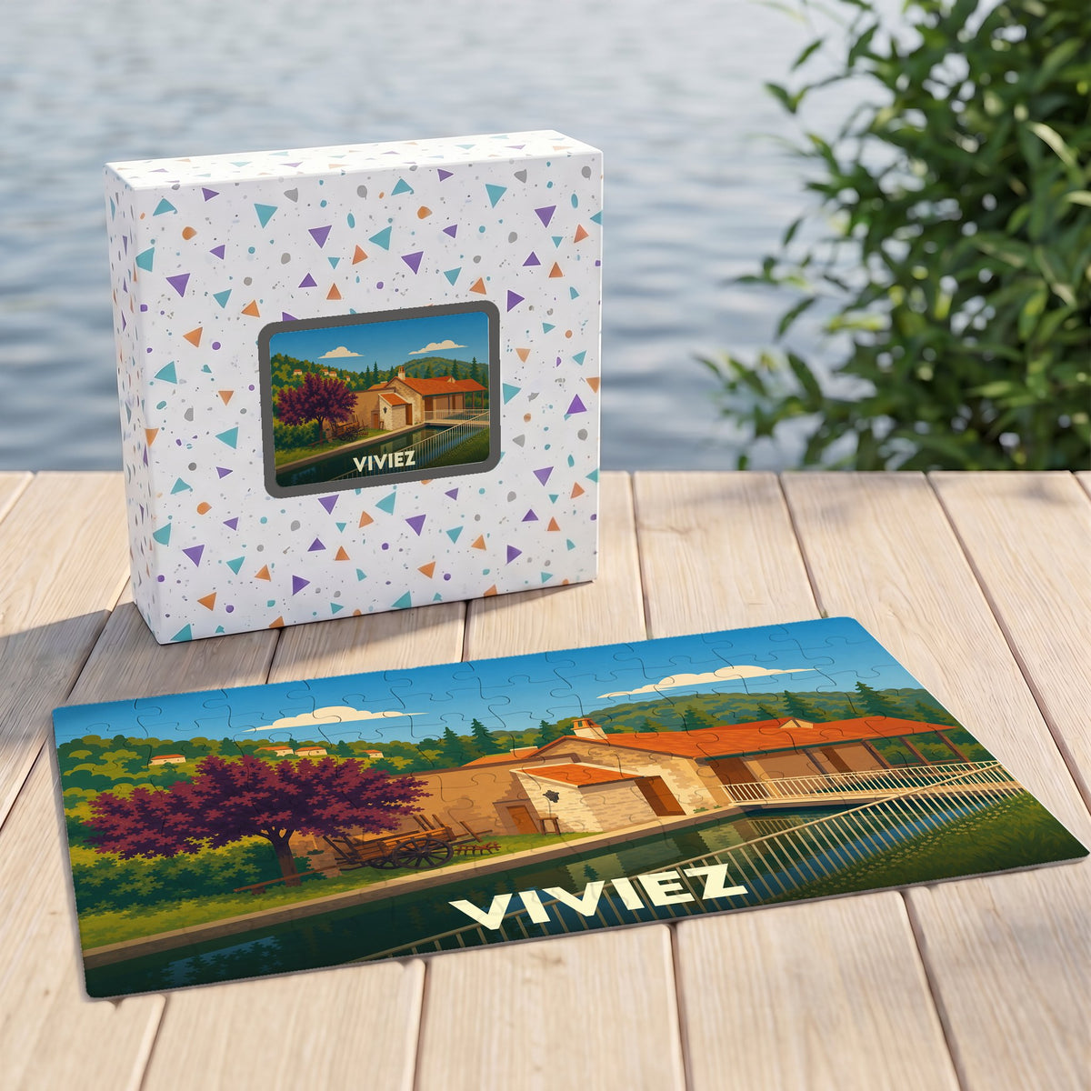 Puzzle souvenir de la ville de Viviez avec une illustration stylisée d'un paysage local.