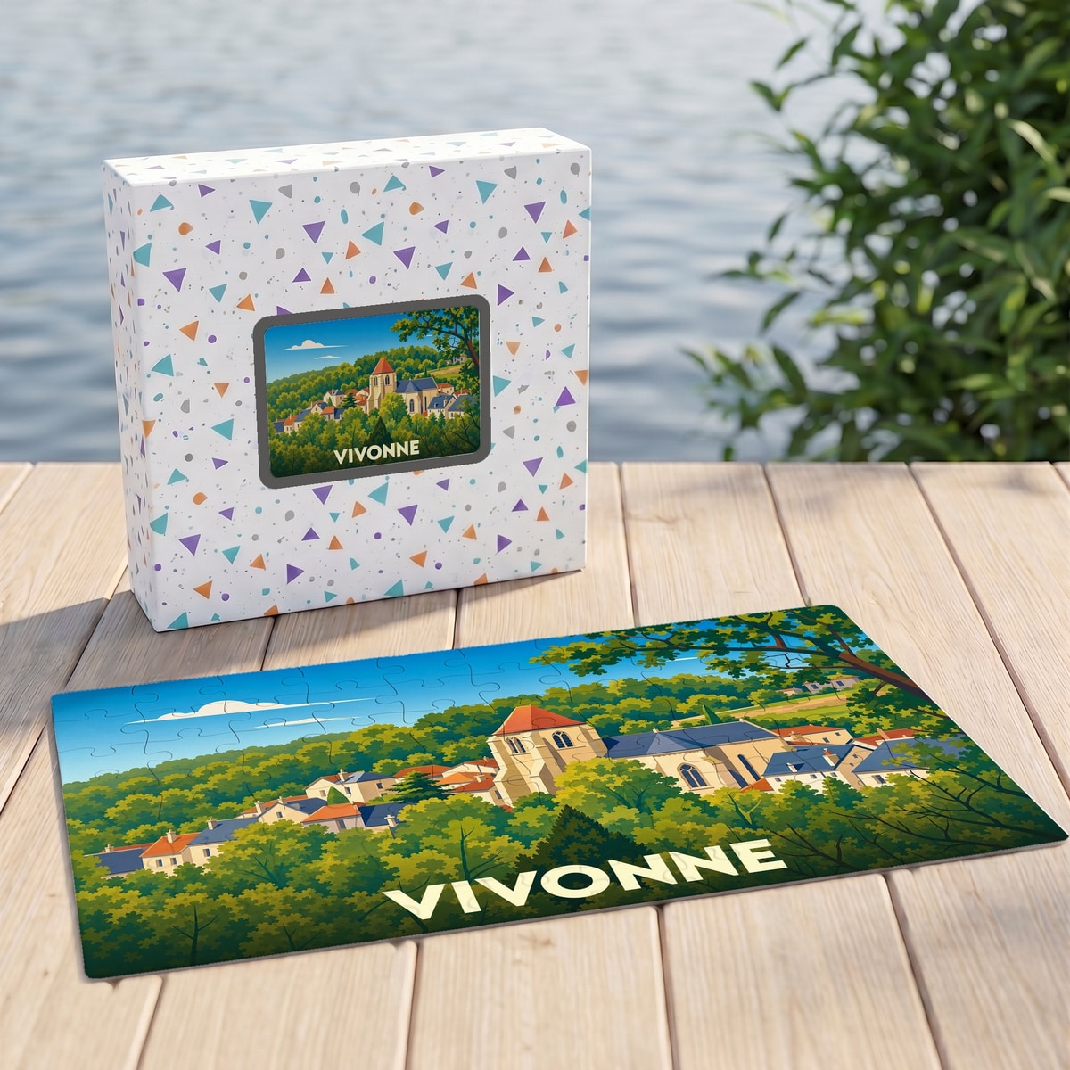 Puzzle souvenir de la ville de Vivonne avec une illustration stylisée et colorée.