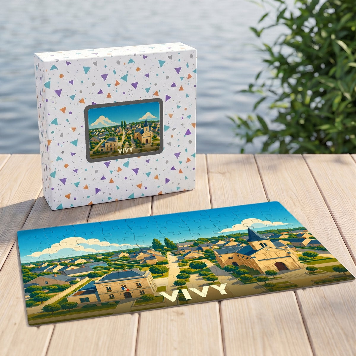 Puzzle souvenir de la ville de Vivy avec une illustration stylisée et colorée du centre-bourg.