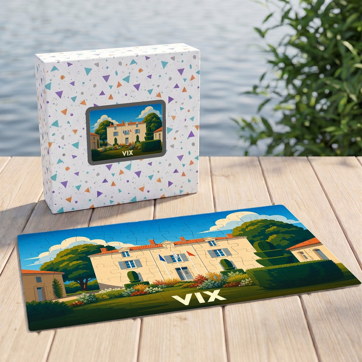 Puzzle souvenir de la ville de Vix avec une illustration stylisée d'un bâtiment remarquable.
