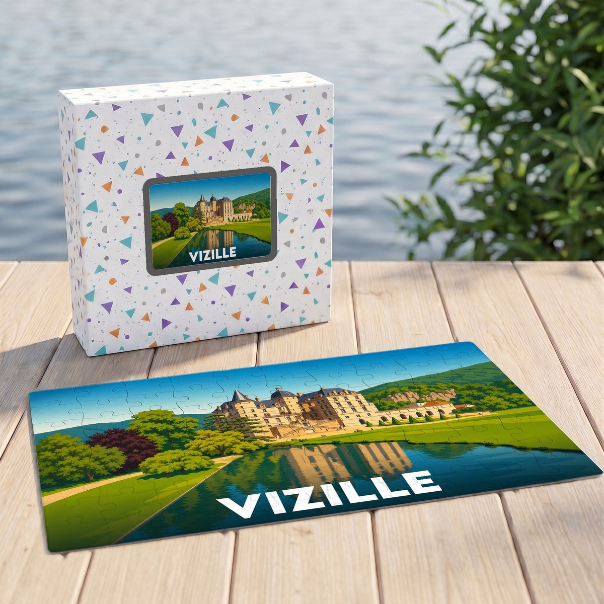 Puzzle souvenir de la ville de Vizille avec une illustration stylisée du château et de son parc.