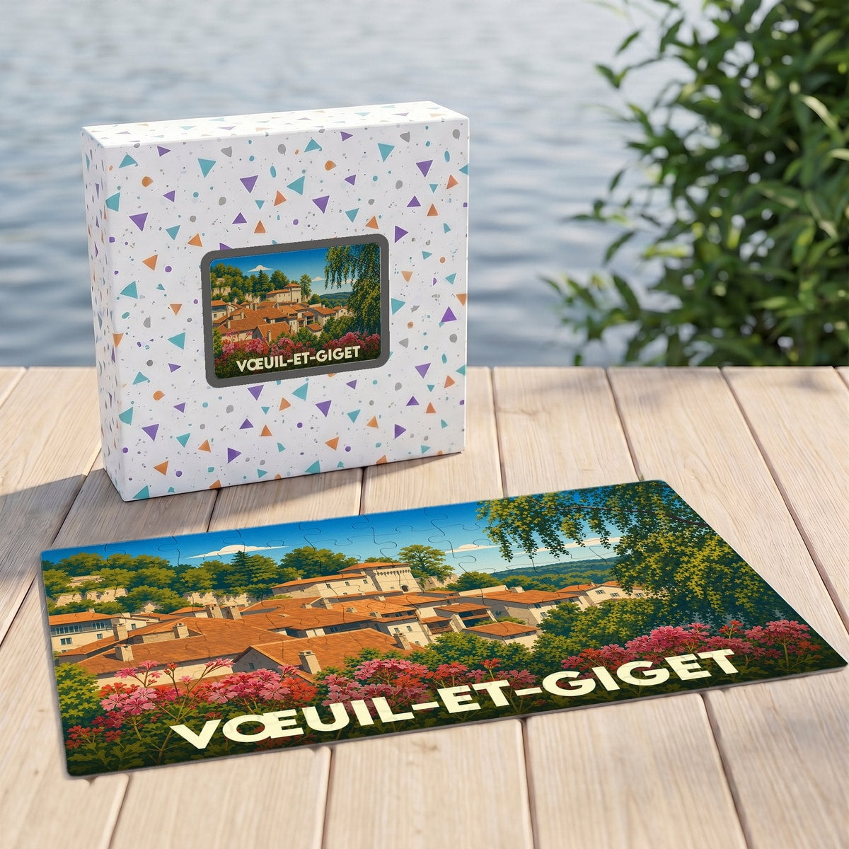 Puzzle souvenir de la ville de Vœuil-et-Giget avec une illustration stylisée de ses toits.