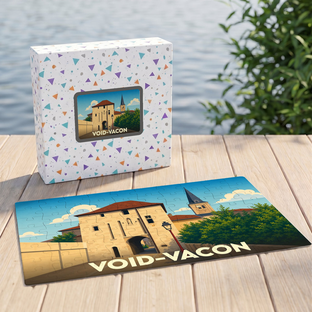Puzzle souvenir de la ville de Void-Vacon avec une illustration stylisée de son patrimoine architectural.