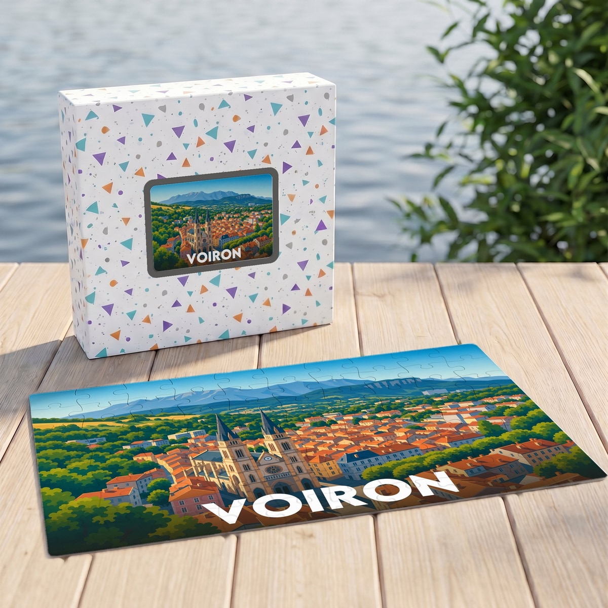Puzzle souvenir de la ville de Voiron avec une illustration stylisée de son église et des montagnes environnantes.